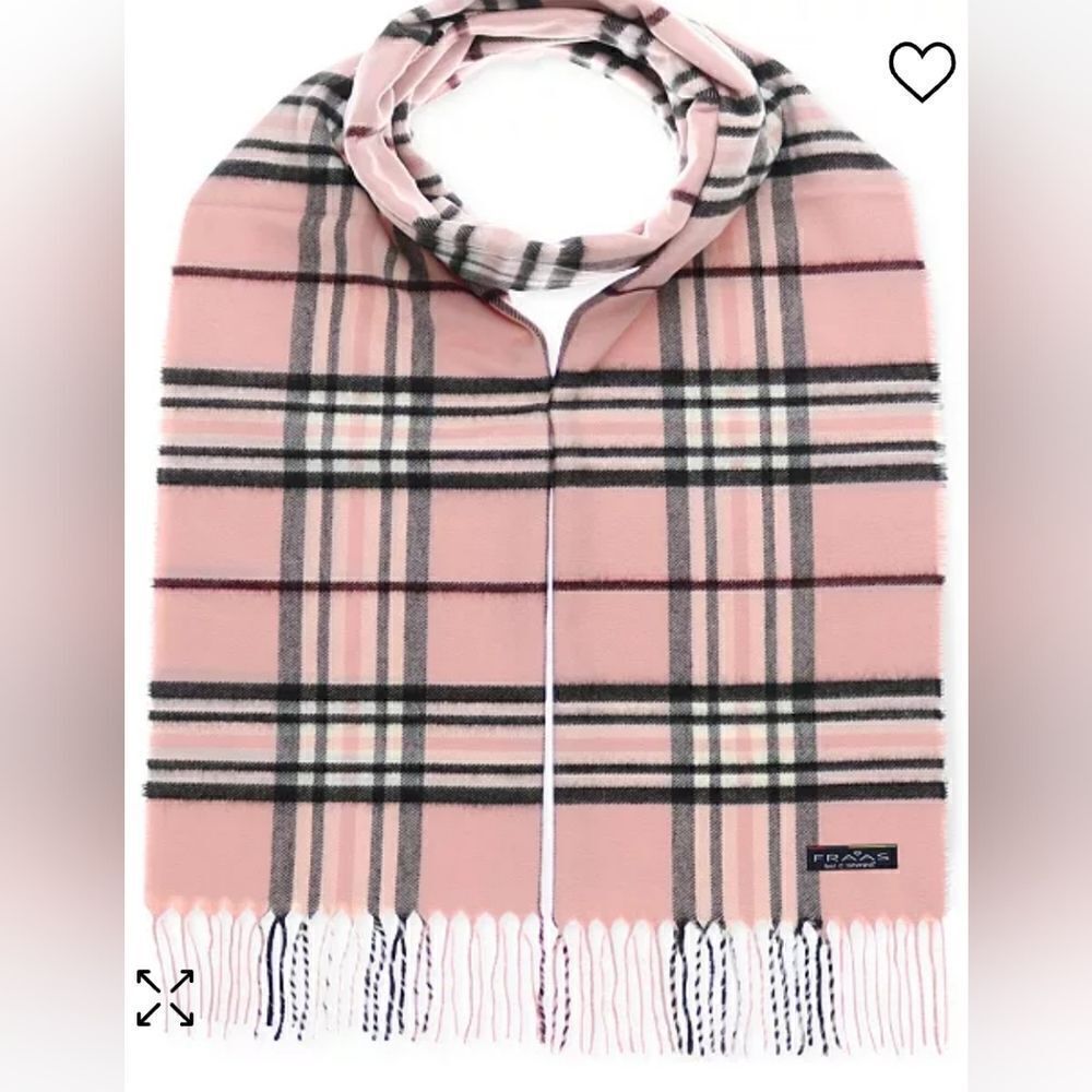 V. Fraas Cashmink Pink Grey Plaid 100%Acrylic Fringe Scarf 11.5"×65.5" Germany